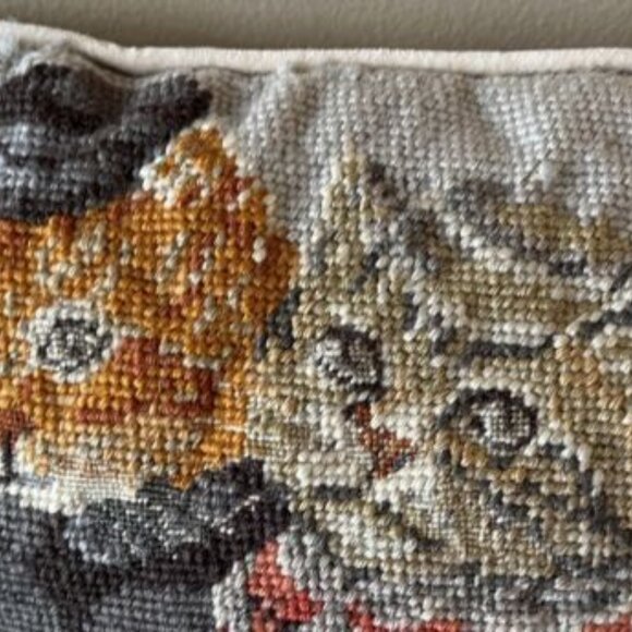 Vintage Needlepoint Cat Couple Ice Skating Victorian Dress Velvet Back 13" - Picture 2 of 10